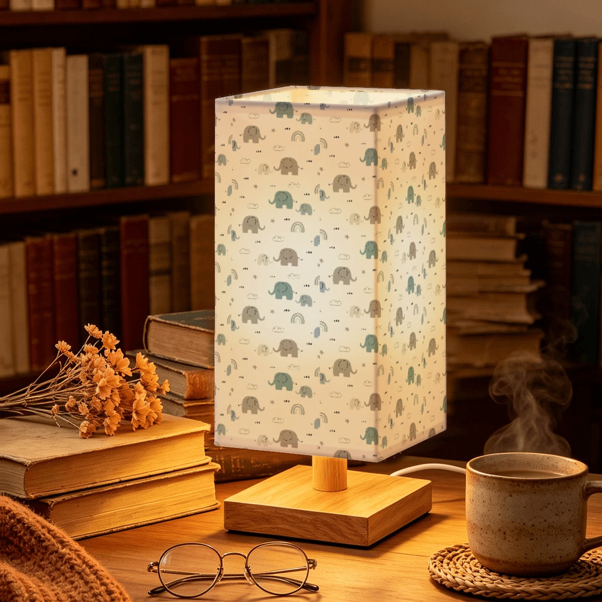Large Square Table Lamp-Elephant Print