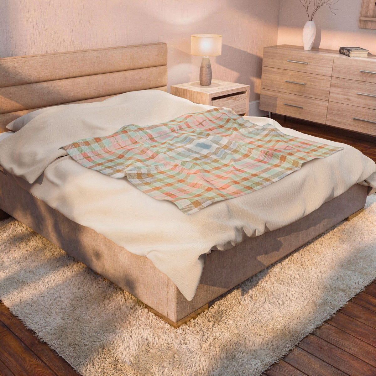 Pastel Plaid Velveteen Plush Blanket — Soft Cozy Throw for Nursery & Living Room