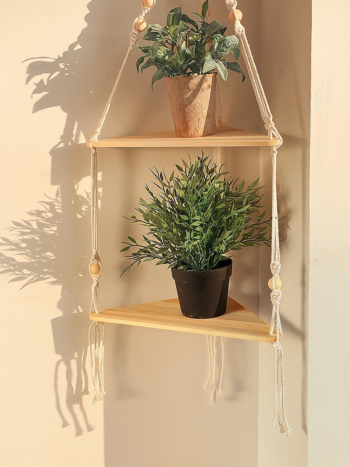 Boho Macrame Wooden Corner Shelf