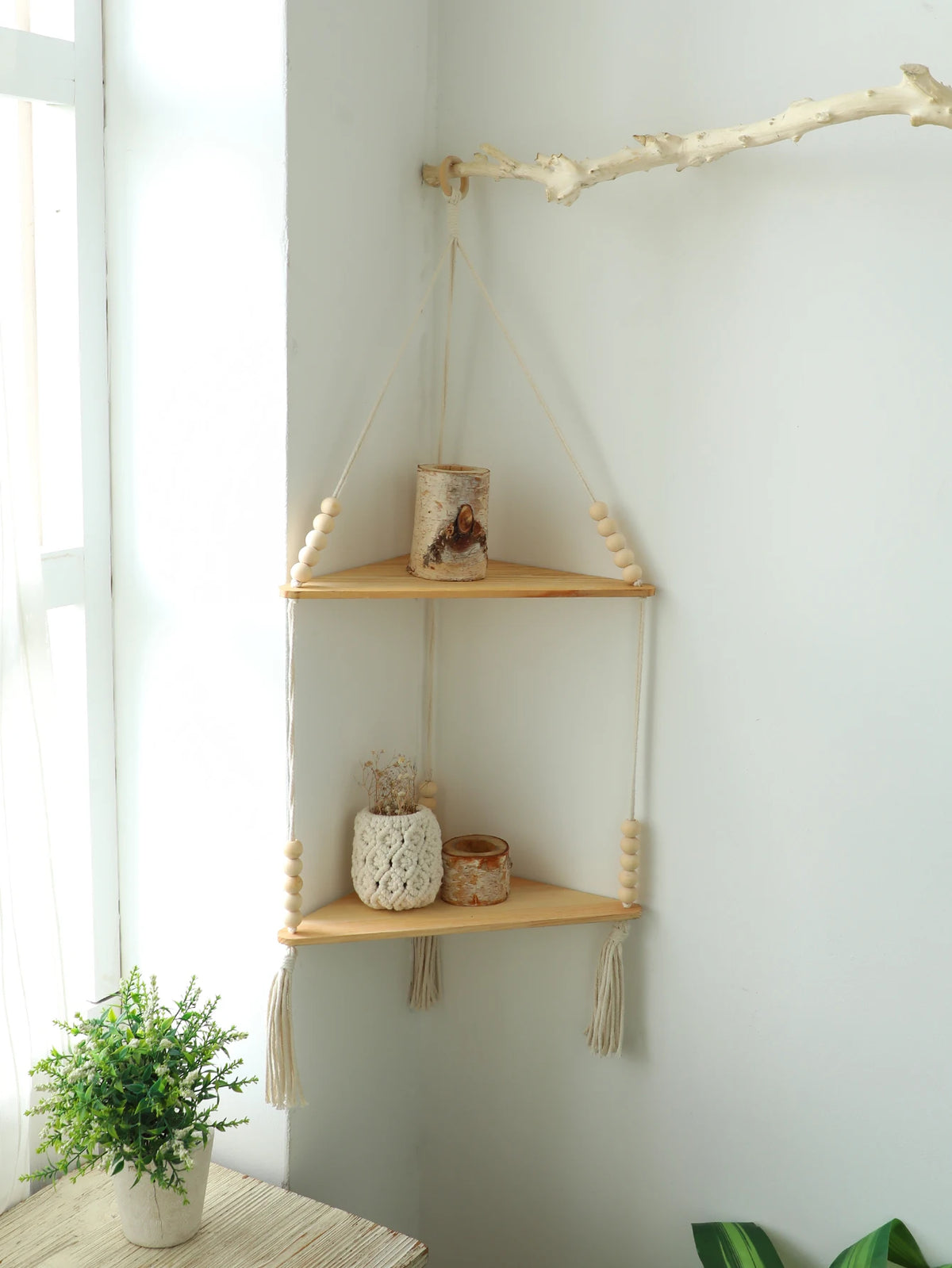 Boho Macrame Wooden Corner Shelf