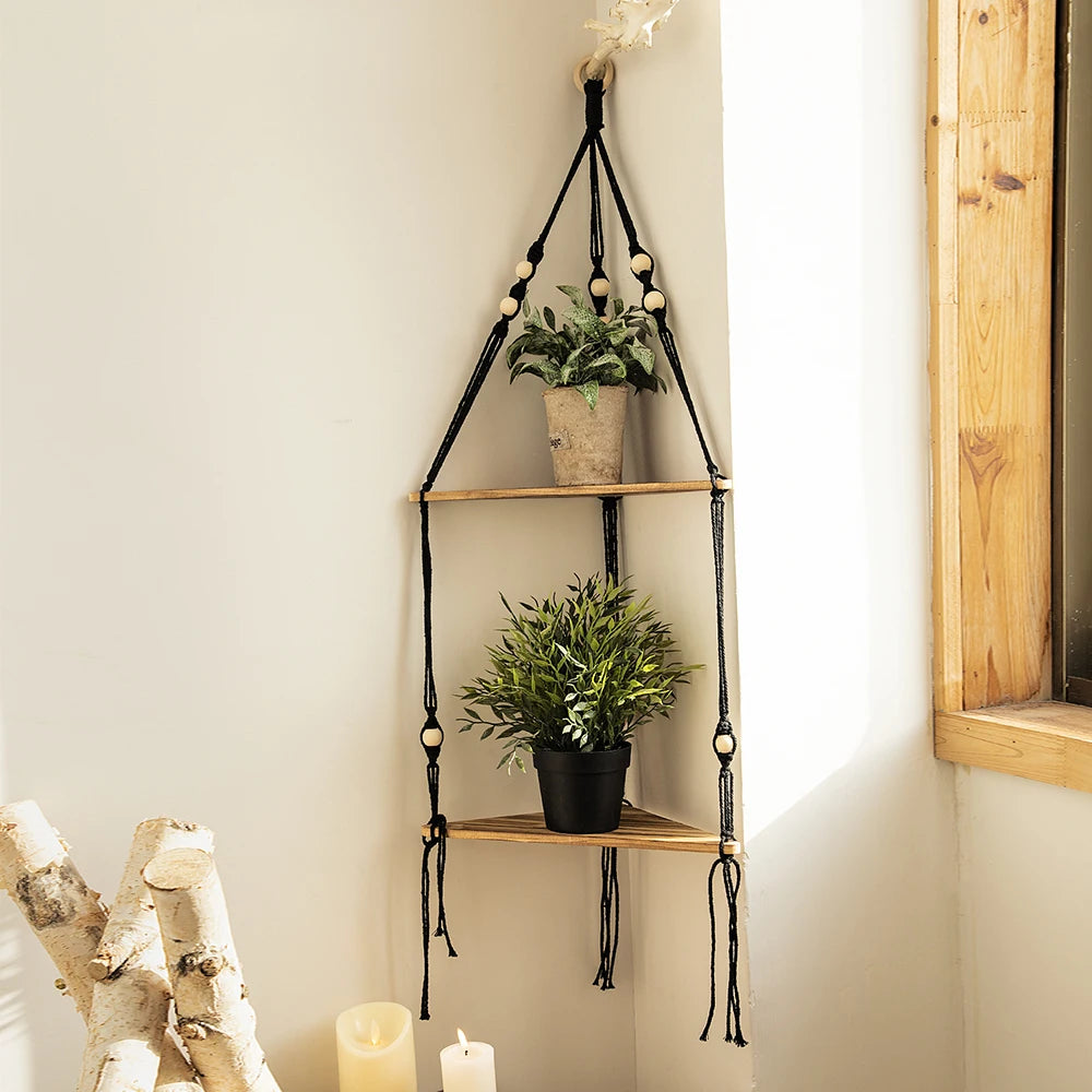 Boho Macrame Wooden Corner Shelf