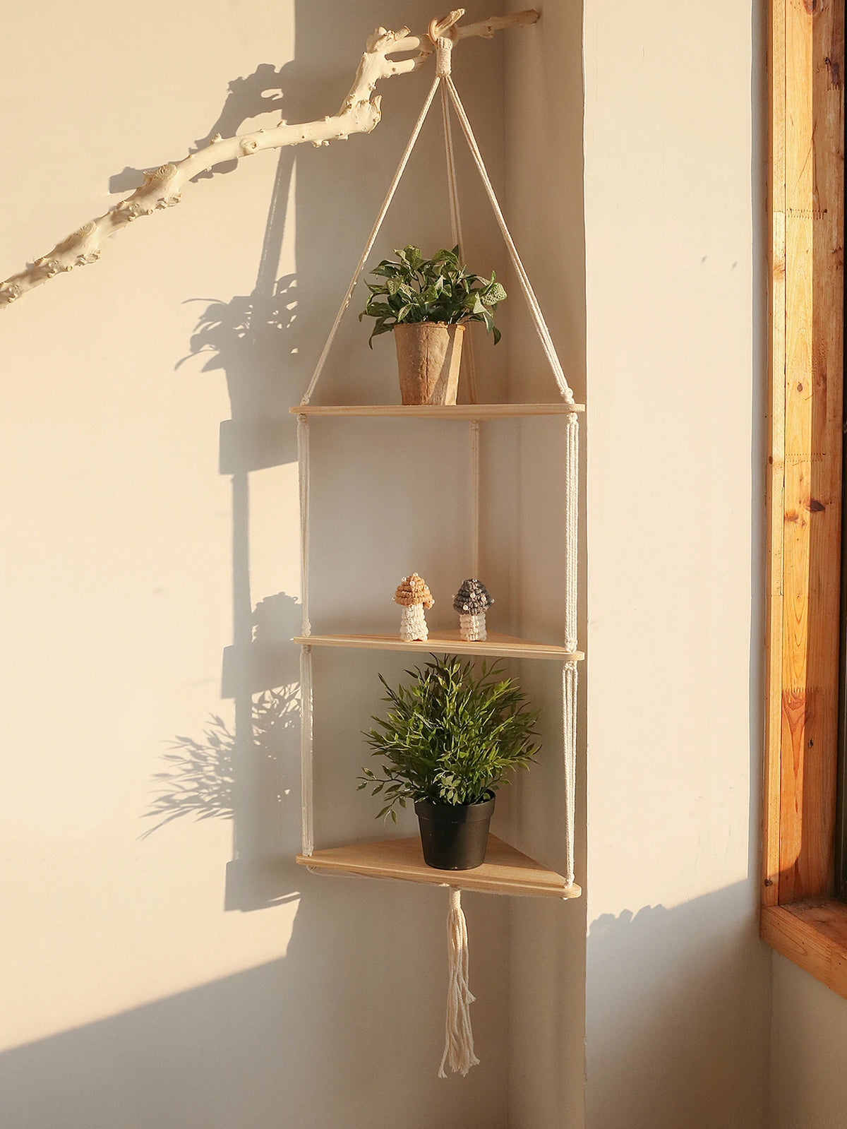 Boho Macrame Wooden Corner Shelf