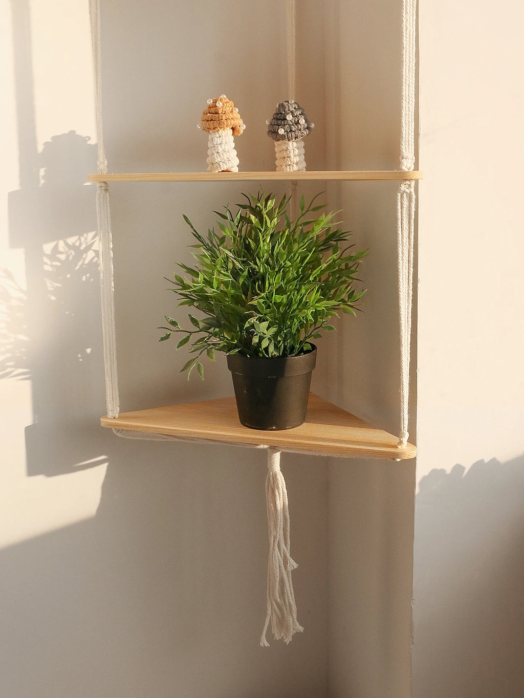 Boho Macrame Wooden Corner Shelf