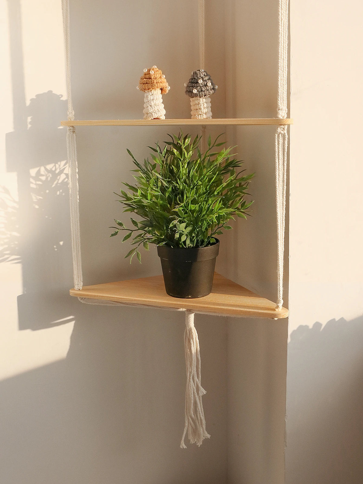 Boho Macrame Wooden Corner Shelf