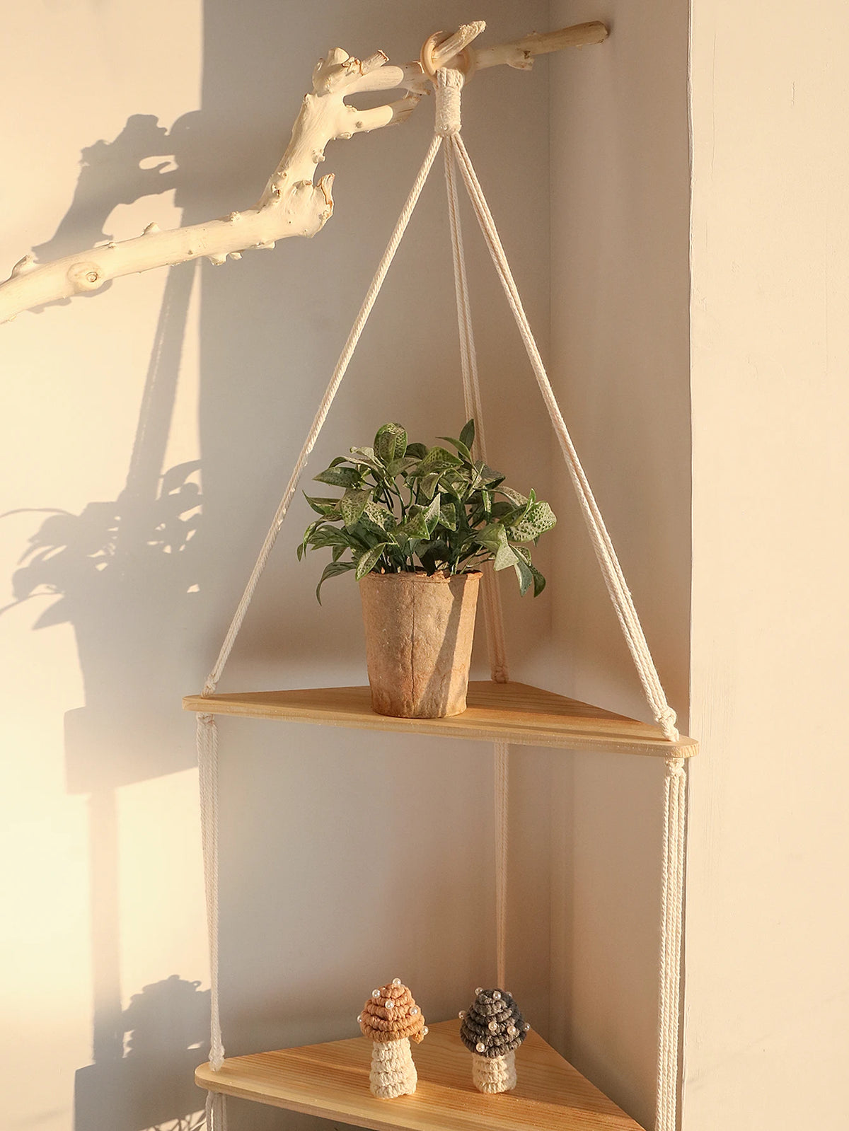 Boho Macrame Wooden Corner Shelf
