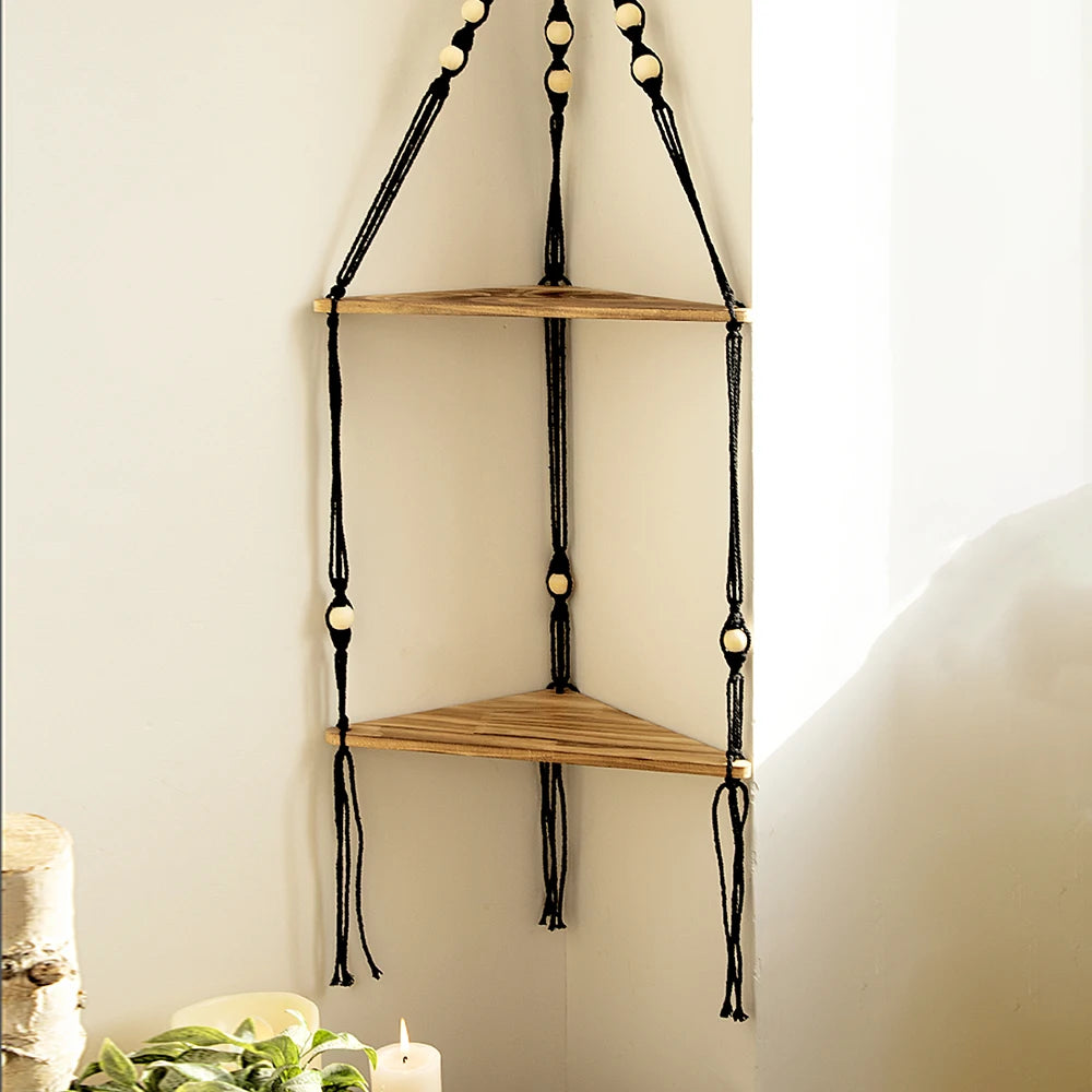 Boho Macrame Wooden Corner Shelf