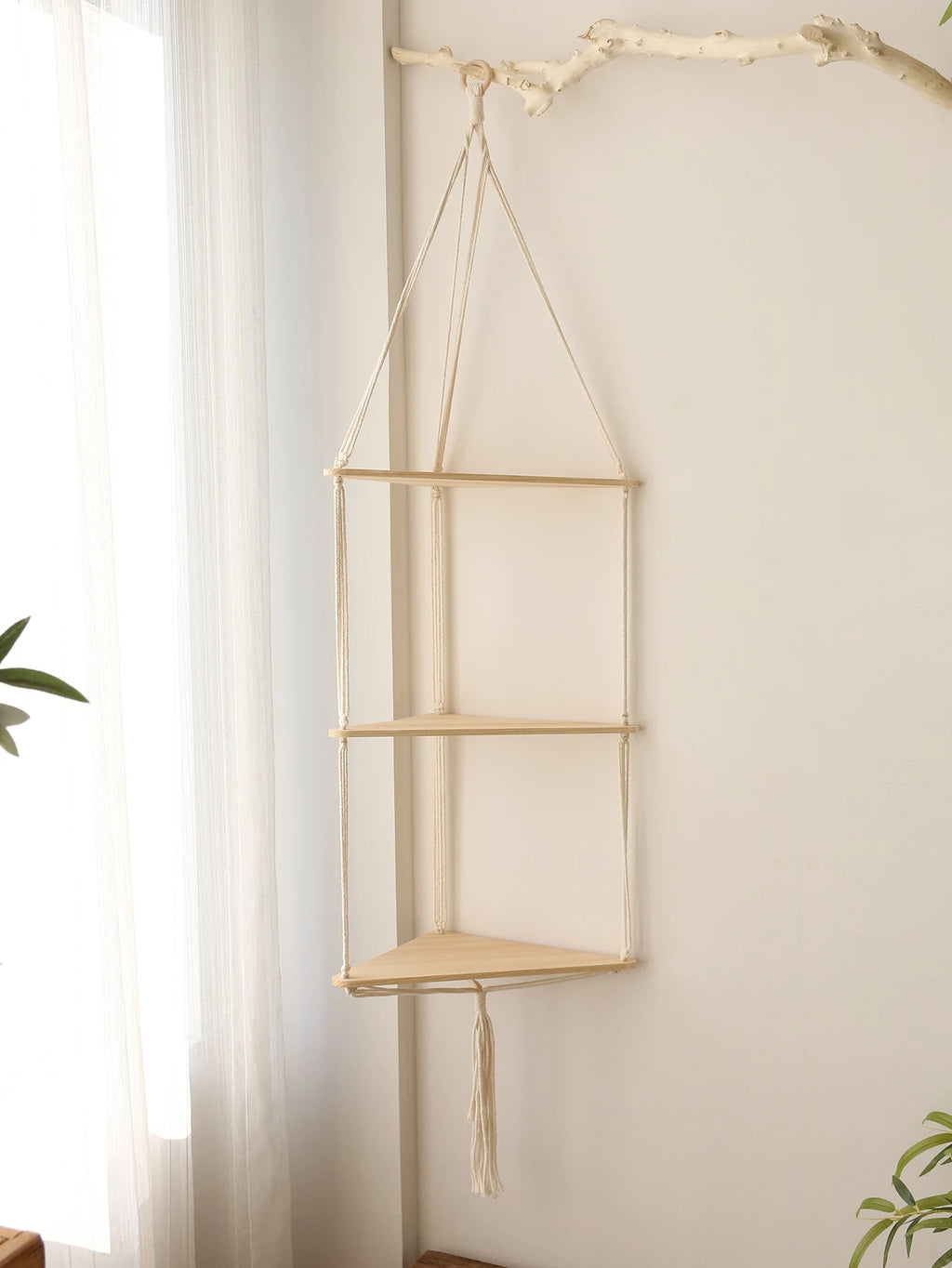 Boho Macrame Wooden Corner Shelf