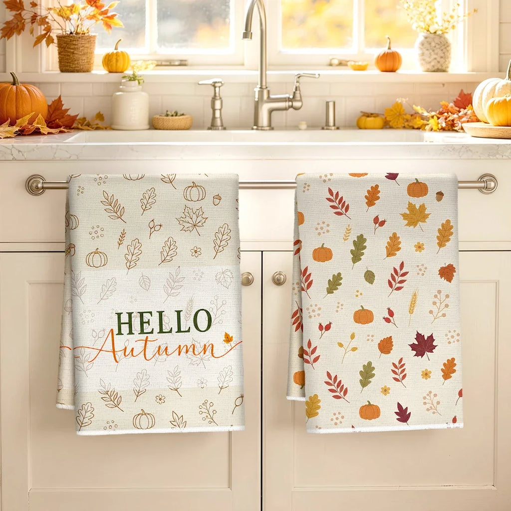 Hello Autumn 2-Piece Kitchen Towel Set | Fall Pumpkin & Leaves Décor