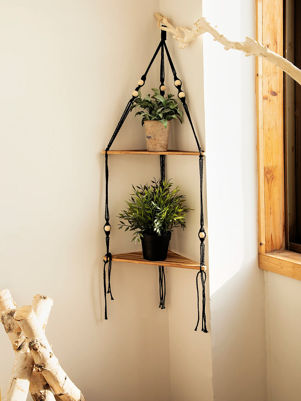 Boho Macrame Wooden Corner Shelf