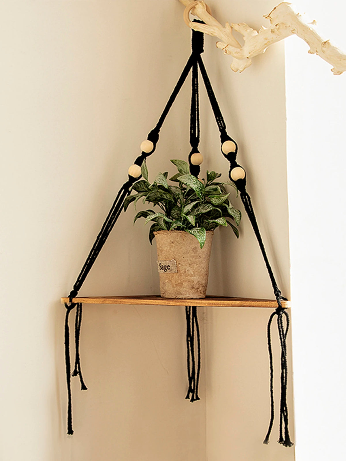 Boho Macrame Wooden Corner Shelf