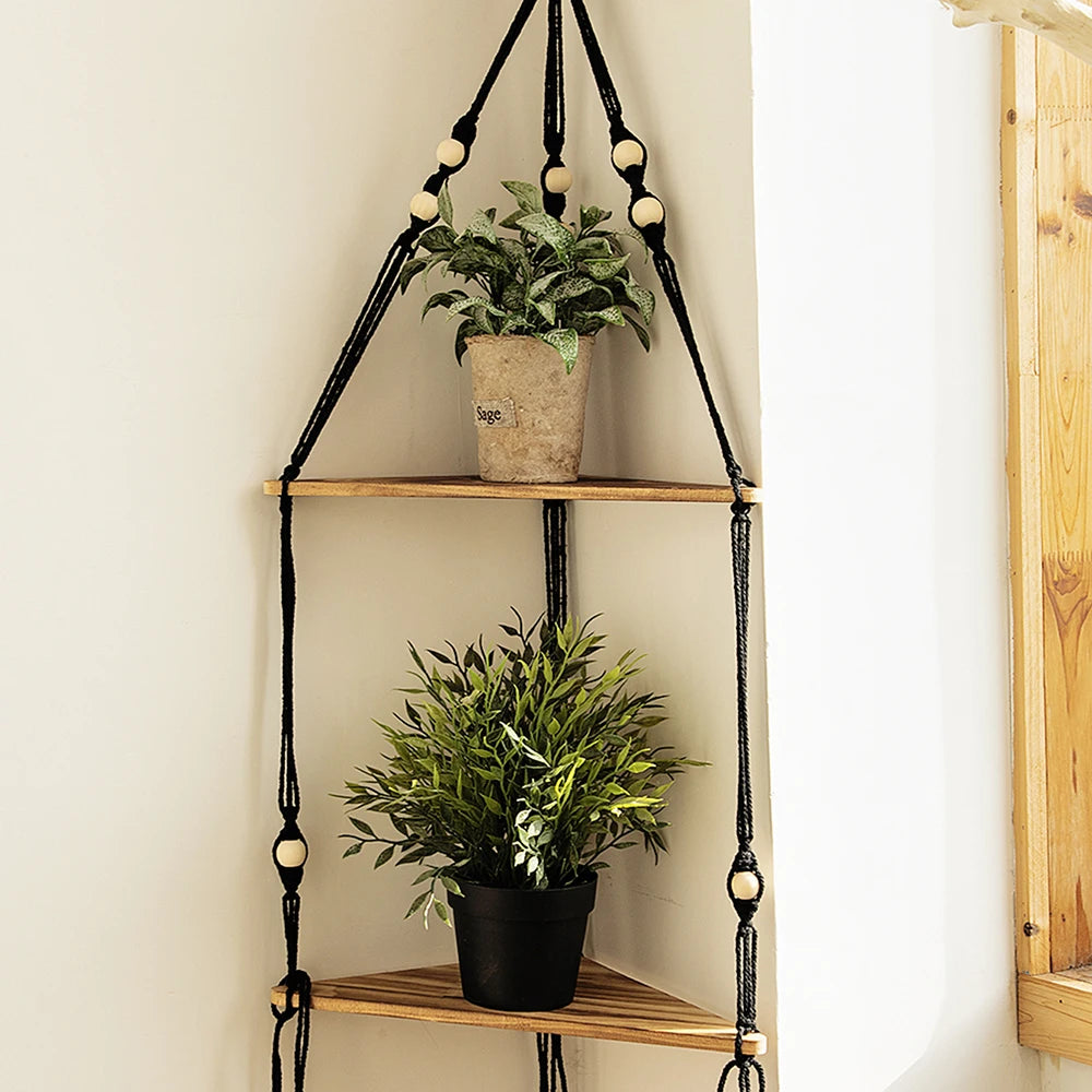 Boho Macrame Wooden Corner Shelf