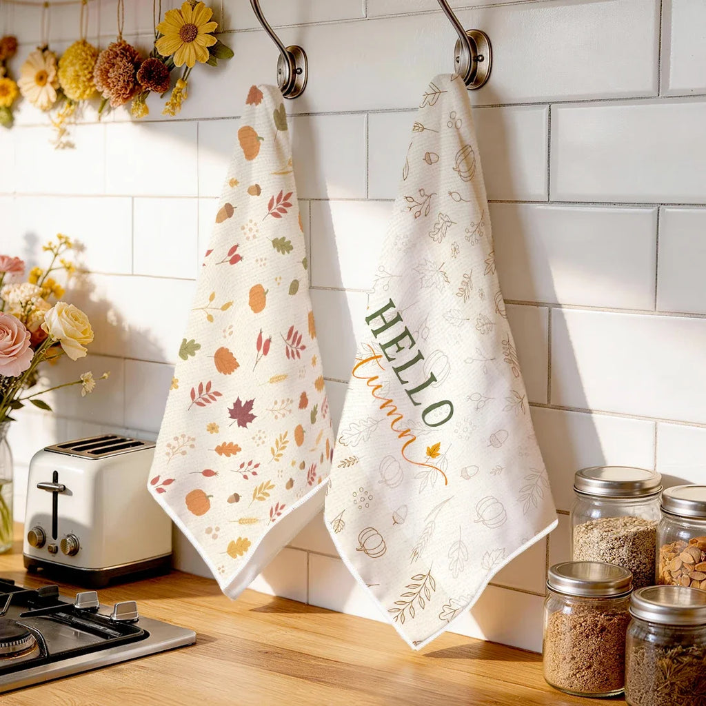 Hello Autumn 2-Piece Kitchen Towel Set | Fall Pumpkin & Leaves Décor
