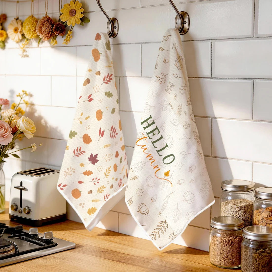 Hello Autumn 2-Piece Kitchen Towel Set | Fall Pumpkin & Leaves Décor