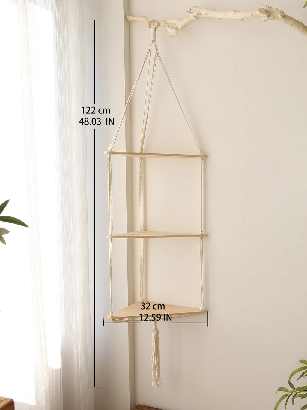 Boho Macrame Wooden Corner Shelf