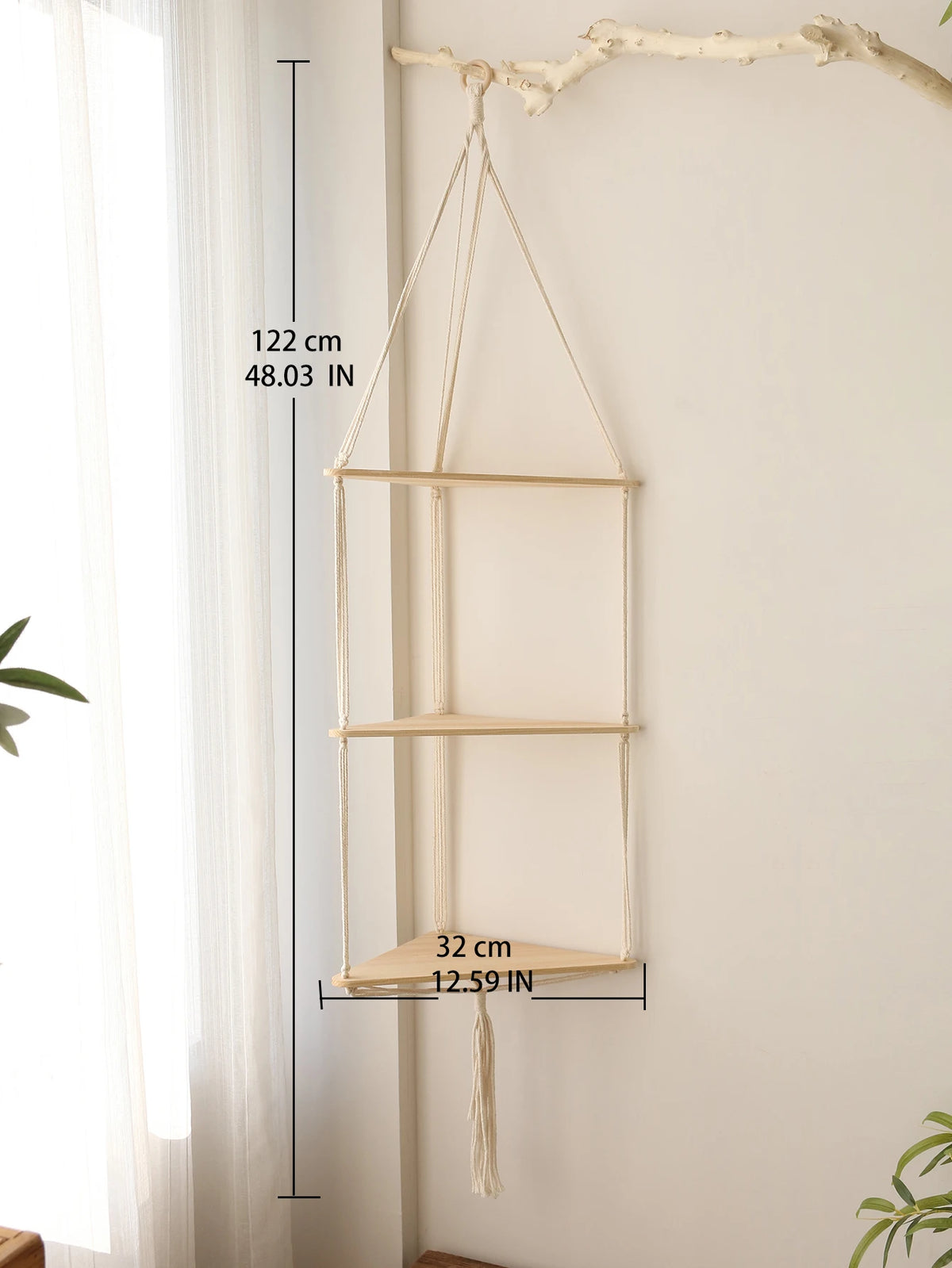Boho Macrame Wooden Corner Shelf