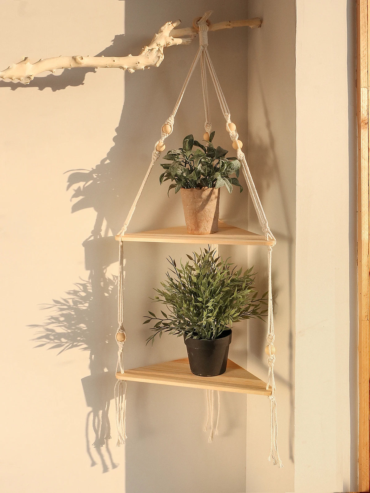 Boho Macrame Wooden Corner Shelf