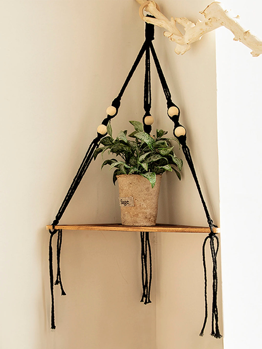 Boho Macrame Wooden Corner Shelf