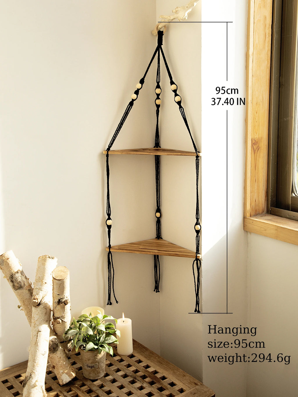 Boho Macrame Wooden Corner Shelf