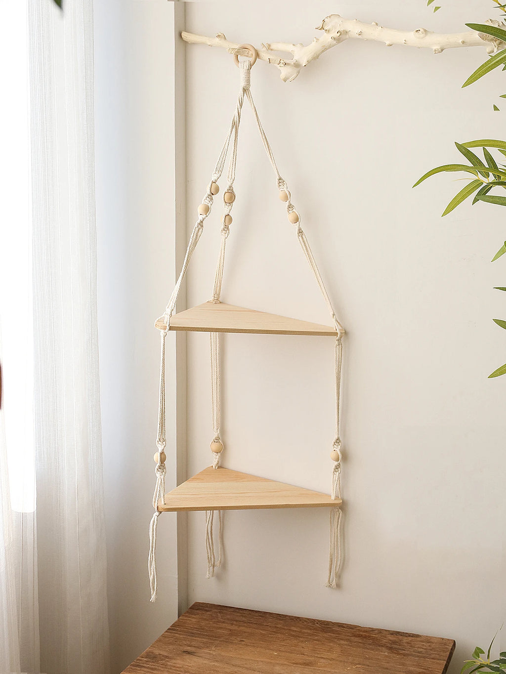 Boho Macrame Wooden Corner Shelf
