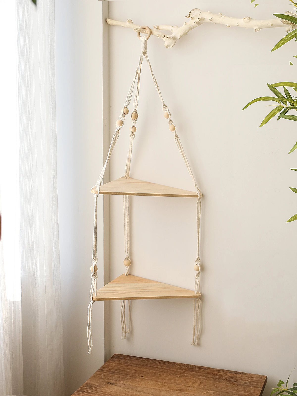 Boho Macrame Wooden Corner Shelf
