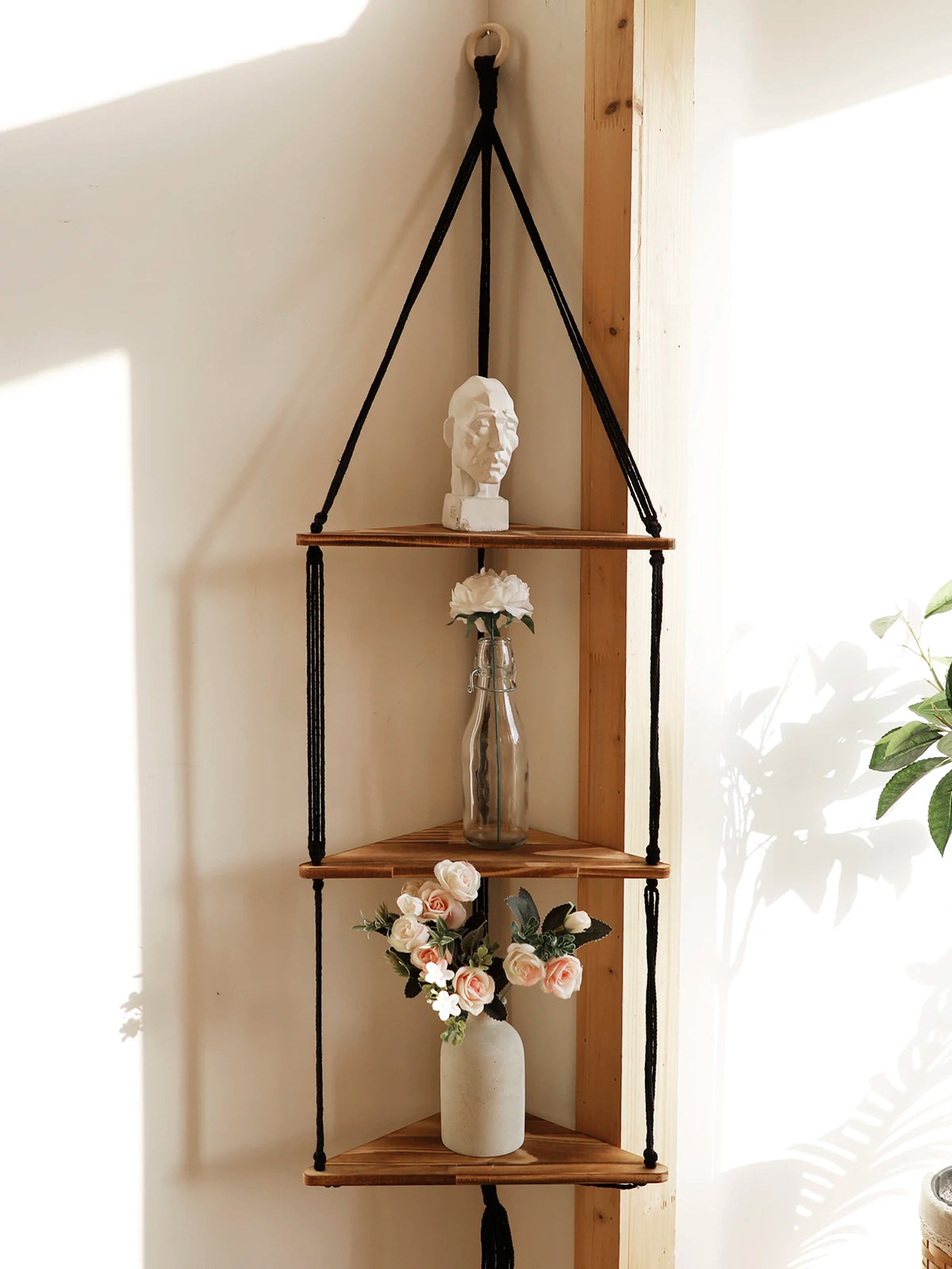 Boho Macrame Wooden Corner Shelf