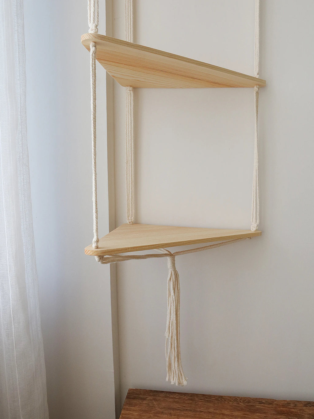 Boho Macrame Wooden Corner Shelf