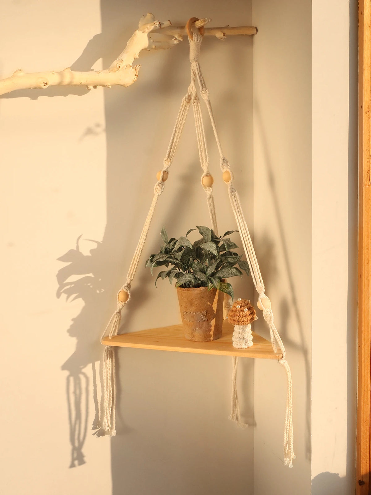 Boho Macrame Wooden Corner Shelf