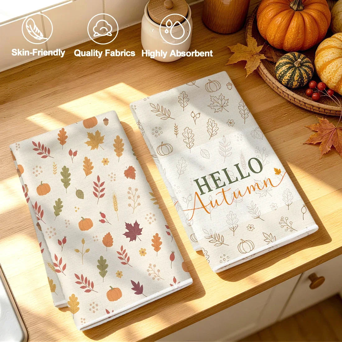Hello Autumn 2-Piece Kitchen Towel Set | Fall Pumpkin & Leaves Décor