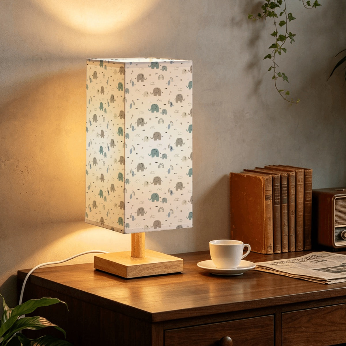 Large Square Table Lamp-Elephant Print